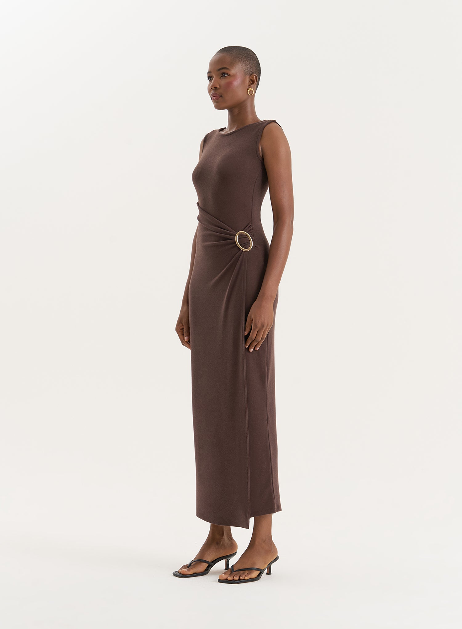 Chocolate Gathered Waist Jersey Maxi Dress